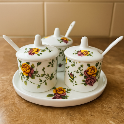 Vintage Bloom – Floral Spice Jar Set with Tray & Spoons (Set of 3)
