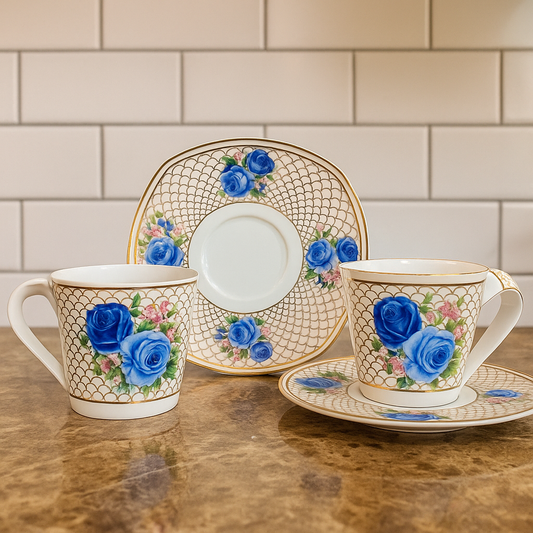 Blue Blossom Royale – Vintage Rose Tea Set (6 pcs)