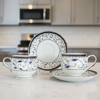 Blue Whisper Fine Porcelain Tea Set – Set of 6 with Matching Saucers