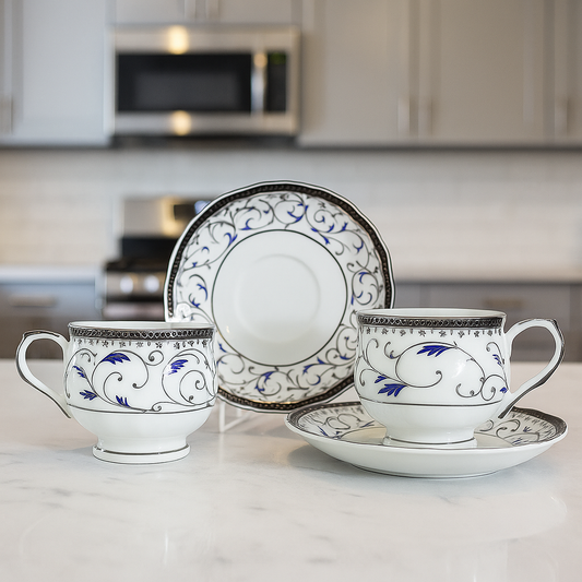 Blue Whisper Fine Porcelain Tea Set – Set of 6 with Matching Saucers