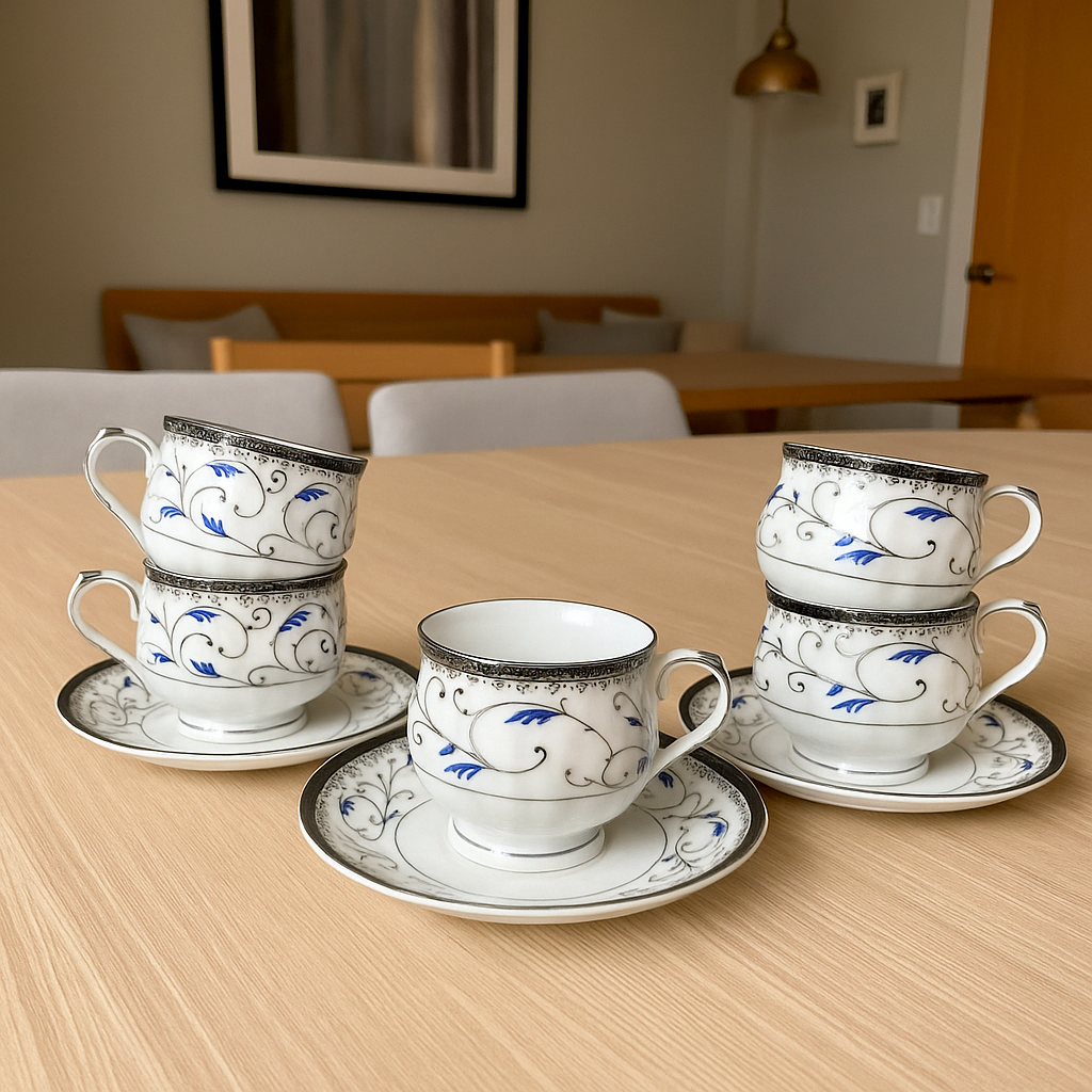 Blue Whisper Fine Porcelain Tea Set – Set of 6 with Matching Saucers
