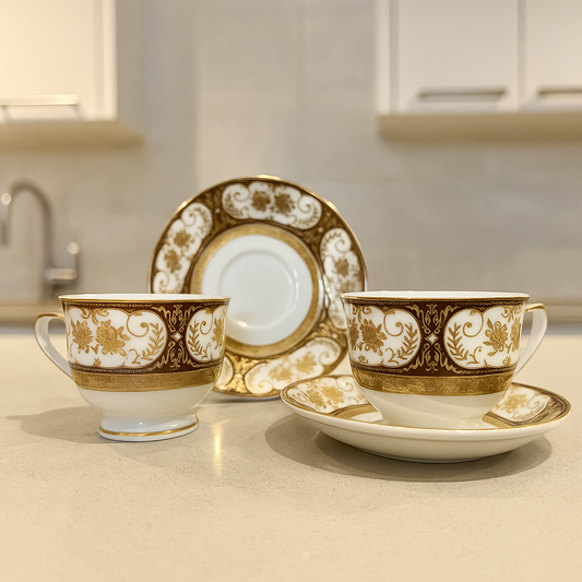 Royal Garnet Gold Tea Set – Set of 6 Cups with Saucers (Vintage Majesty)