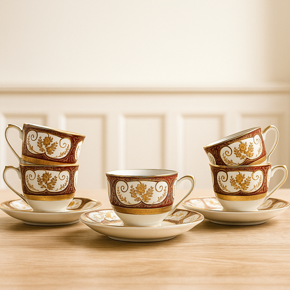 Royal Garnet Gold Tea Set – Set of 6 Cups with Saucers (Vintage Majesty)