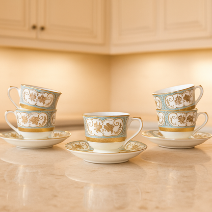 Imperial Gold Bloom Tea Set – Set of 6 Cups with Saucers (Vintage Classic)
