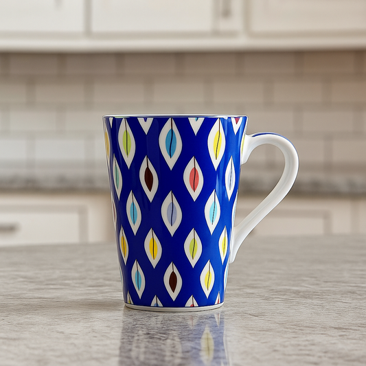 Bold Geometric Print Ceramic Mug Set – Set of 2 (Multicolor on Blue)