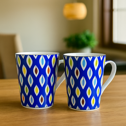 Bold Geometric Print Ceramic Mug Set – Set of 2 (Multicolor on Blue)