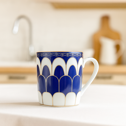 Royal Blue Arch Pattern Ceramic Mug Set – Set of 2 (Gold-Accented)