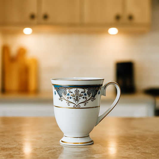 Regal Footed Porcelain Mug Set – Set of 2 (White, Blue & Gold)