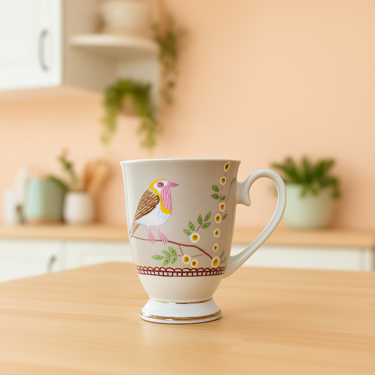 Pastel Songbird Footed Ceramic Mug Set – Set of 2