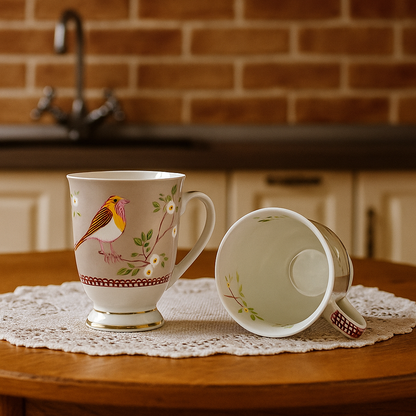 Pastel Songbird Footed Ceramic Mug Set – Set of 2