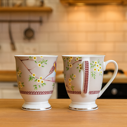 Pastel Songbird Footed Ceramic Mug Set – Set of 2
