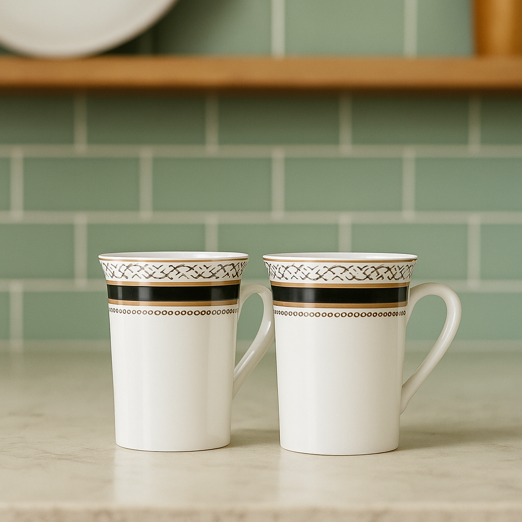 Classic White Porcelain Mug Set – Set of 2 with Black & Gold Trim