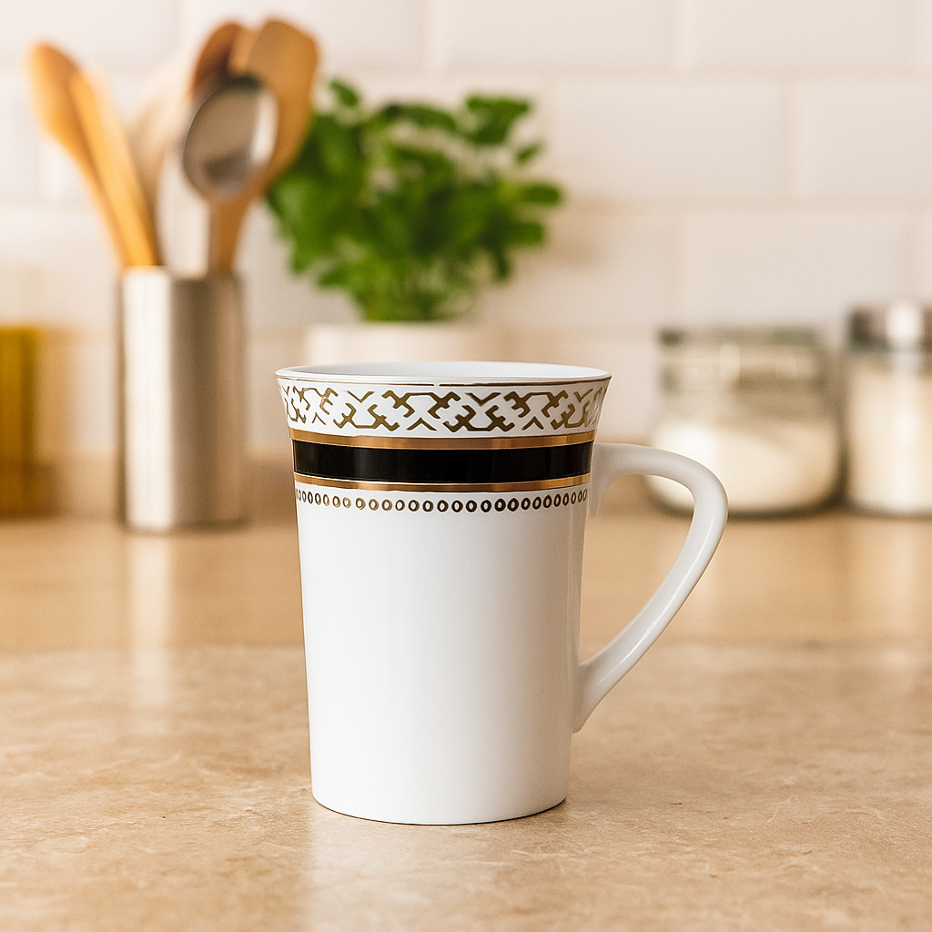 Classic White Porcelain Mug Set – Set of 2 with Black & Gold Trim