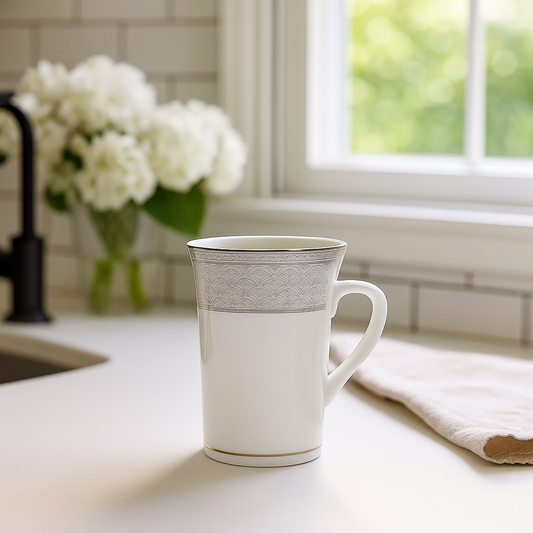 Elegant Ivory Porcelain Mug Set – Set of 2 with Silver Fan Motif