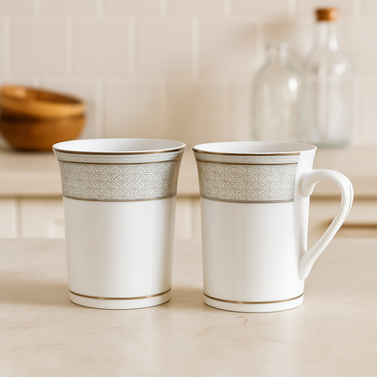 Elegant Ivory Porcelain Mug Set – Set of 2 with Silver Fan Motif