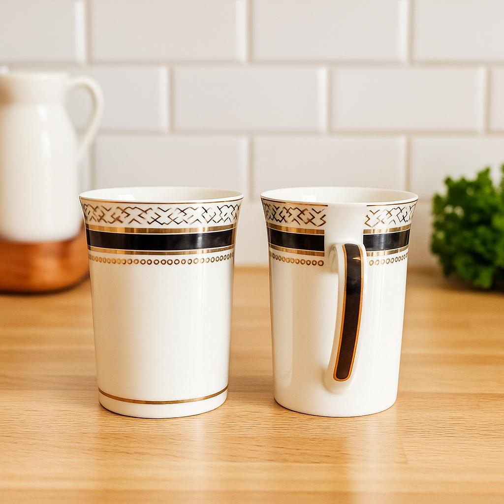 Classic White Porcelain Mug Set – Set of 2 with Black & Gold Trim