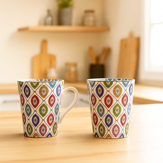 Vibrant Diamond Pattern Ceramic Mug Set – Set of 2 (Multicolor)