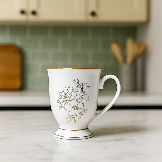 Classic Floral Sketch Footed Mug Set – Set of 2 (White & Silver)