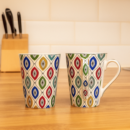Vibrant Diamond Pattern Ceramic Mug Set – Set of 2 (Multicolor)