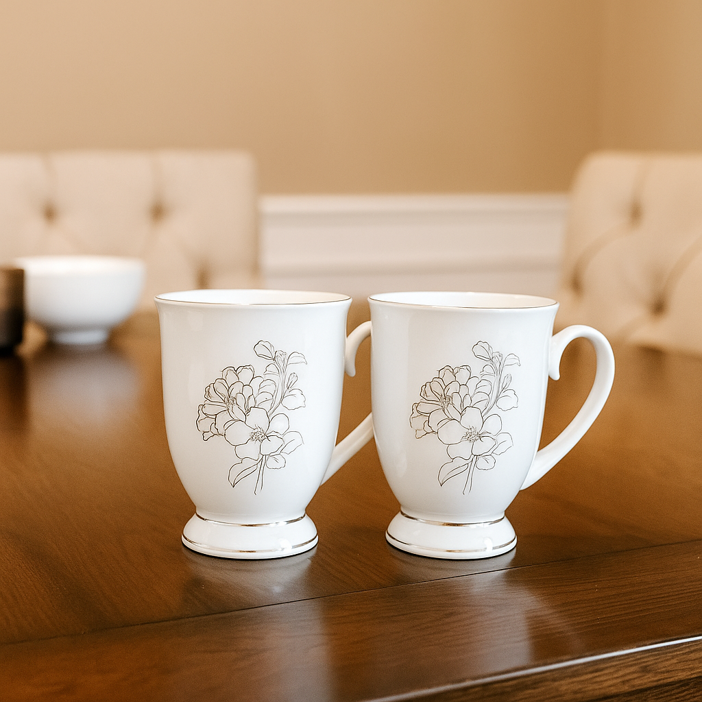 Classic Floral Sketch Footed Mug Set – Set of 2 (White & Silver)