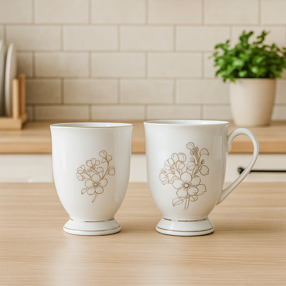 Classic Floral Sketch Footed Mug Set – Set of 2 (White & Silver)
