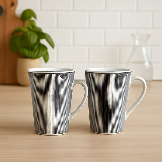 Monochrome Pinstripe Porcelain Mugs – Set of 2 (Modern Minimalist)