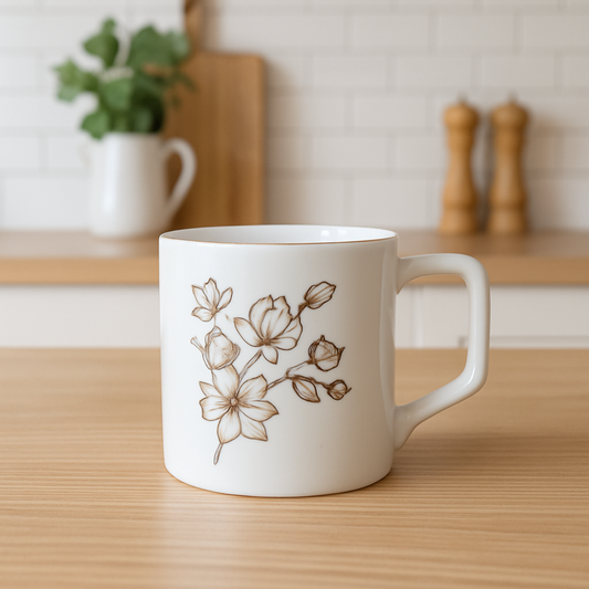 Minimalist Floral Ceramic Mug Set – Set of 6 (White & Gold)