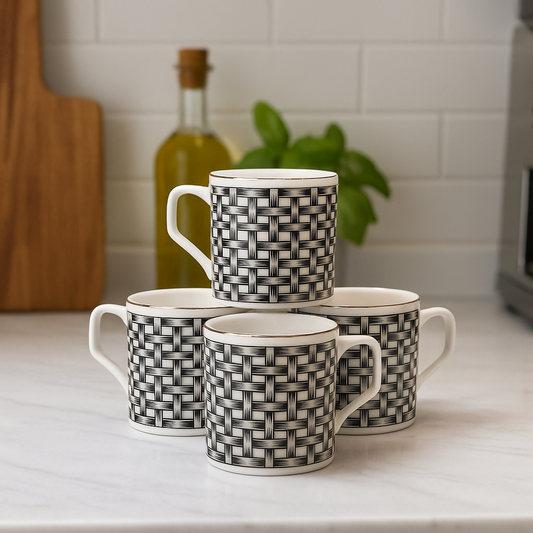 Textured Weave Pattern Ceramic Mug Set – Set of 6 (Monochrome)