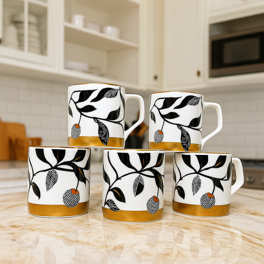 Black & Gold Botanical Ceramic Mug Set – Set of 6