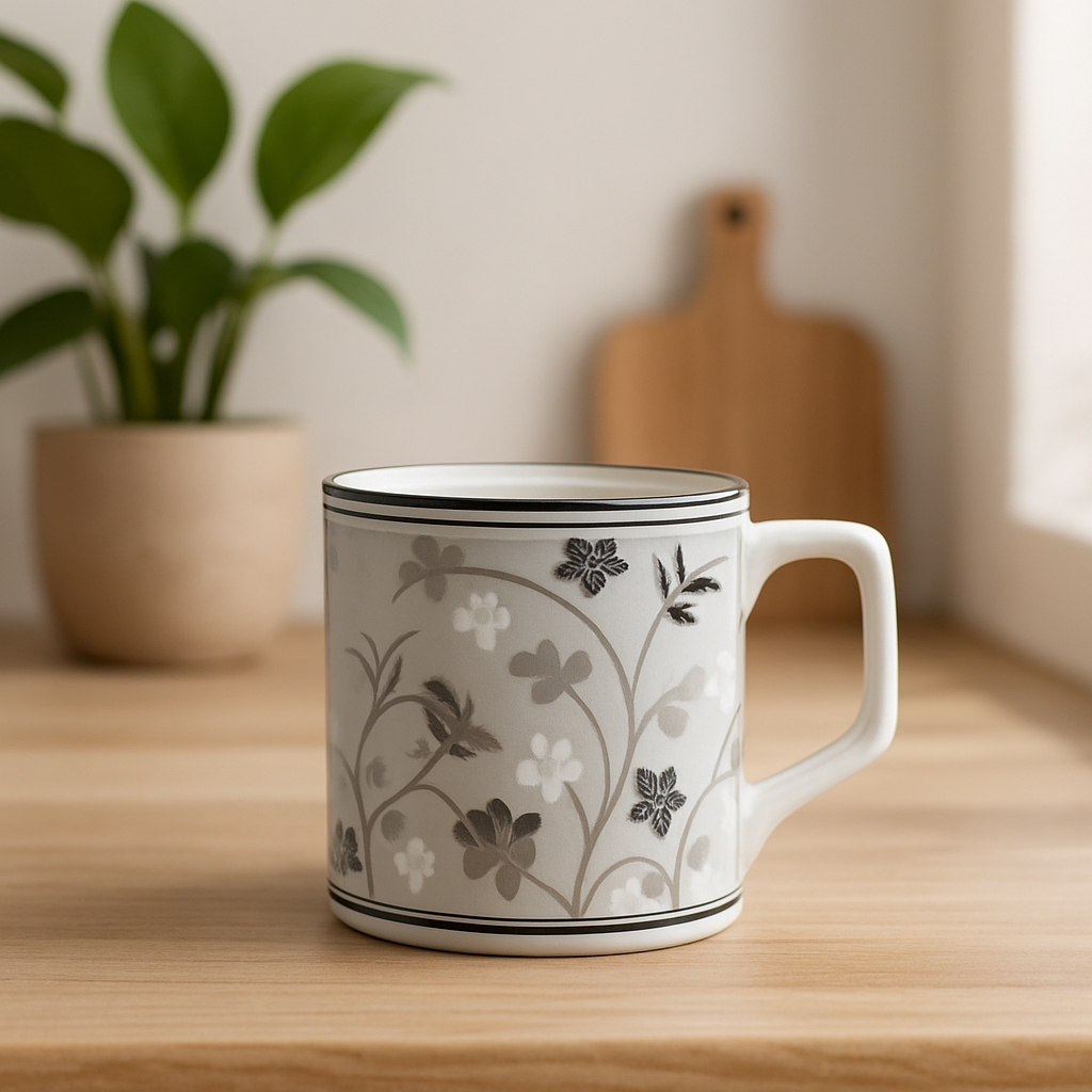 Monochrome Floral Ceramic Mug Set – Set of 6