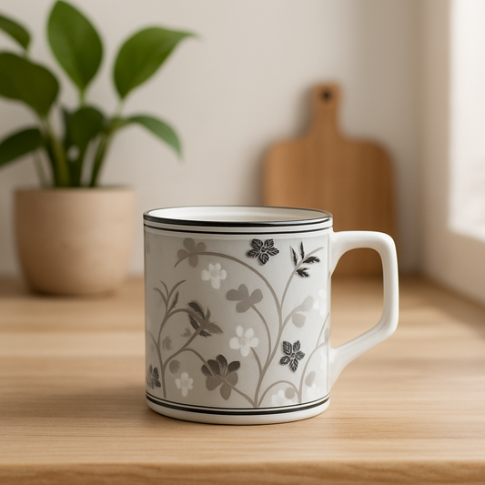 Monochrome Floral Ceramic Mug Set – Set of 6