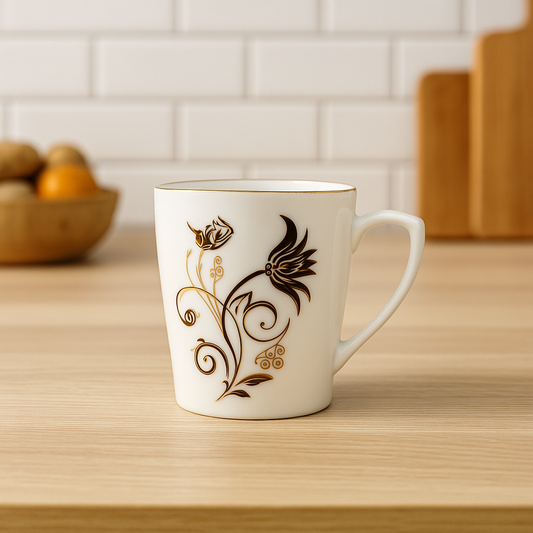 Ivory Floral Swirl Ceramic Mug Set – Set of 6