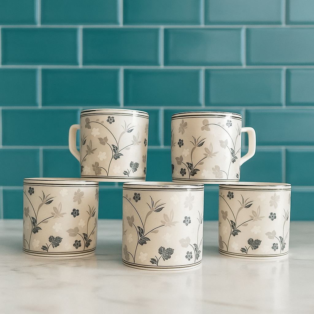 Monochrome Floral Ceramic Mug Set – Set of 6