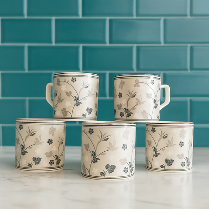 Monochrome Floral Ceramic Mug Set – Set of 6