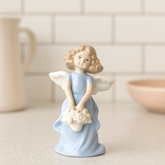 Porcelain Angel Figurine in Blue – Holding Flower Basket