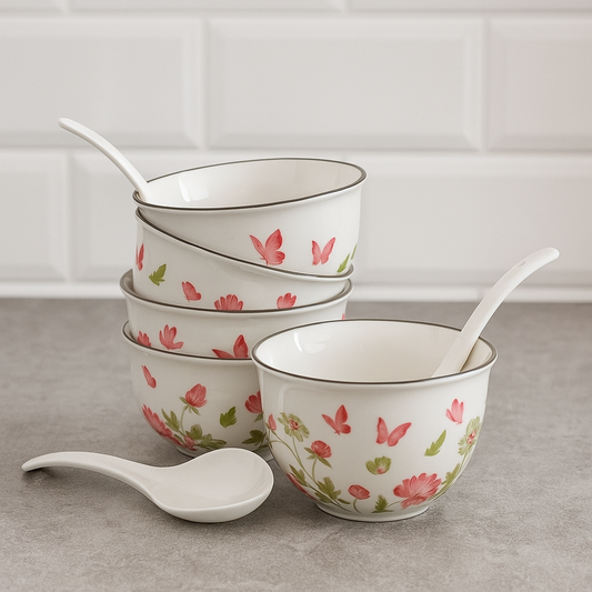 Spring Meadow – Floral Soup Bowl Set with Spoons (Set of 6)