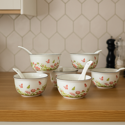 Spring Meadow – Floral Soup Bowl Set with Spoons (Set of 6)