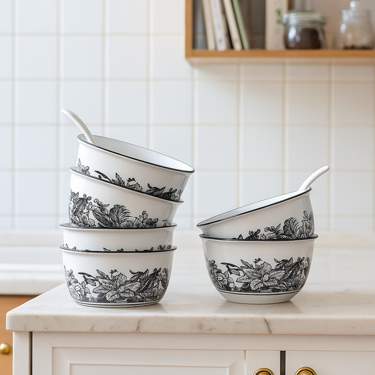 Noir Garden – Classic Soup Bowl Set with Spoons (Set of 6)