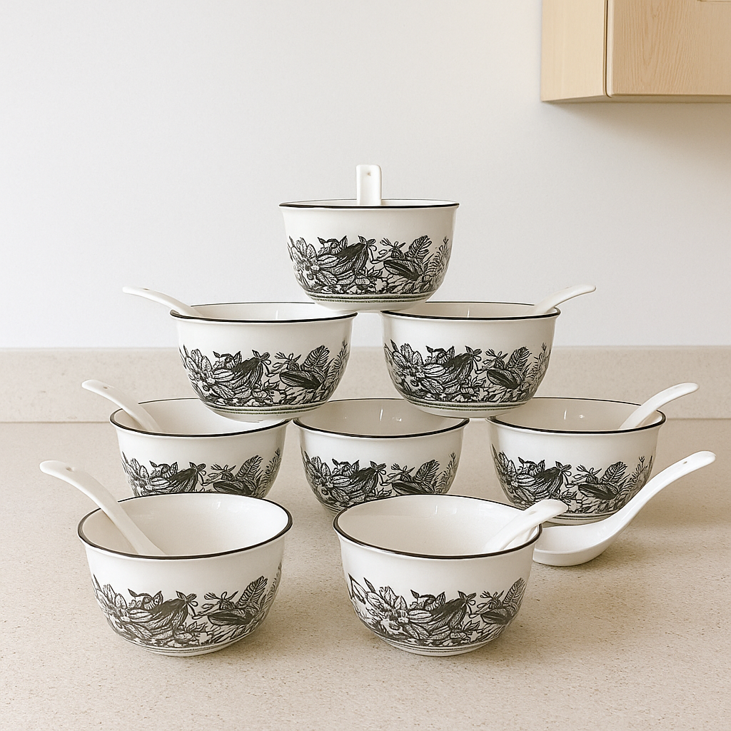 Noir Garden – Classic Soup Bowl Set with Spoons (Set of 6)