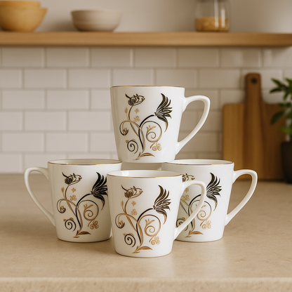 Ivory Floral Swirl Ceramic Mug Set – Set of 6