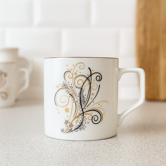 Elegant Swirl Motif Ceramic Mug Set – Set of 6 (White & Gold)