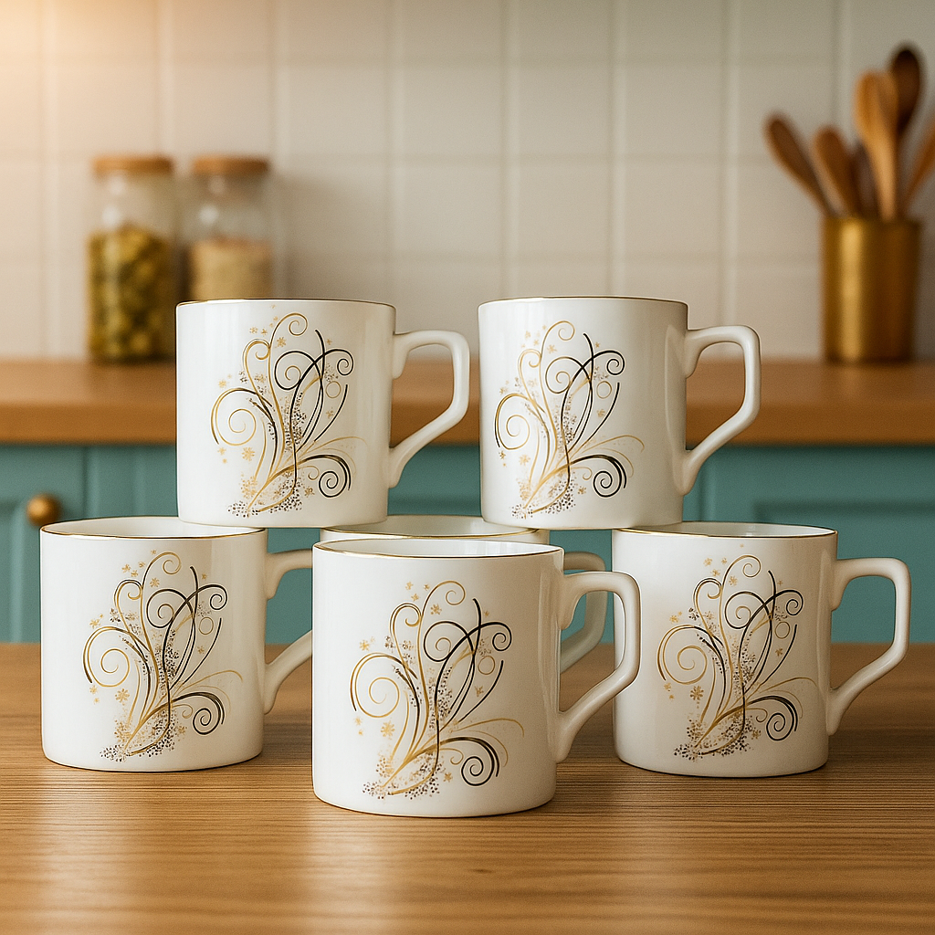 Elegant Swirl Motif Ceramic Mug Set – Set of 6 (White & Gold)