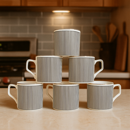 Classic Vertical Stripe Ceramic Mug Set – Set of 6 (Black & White)