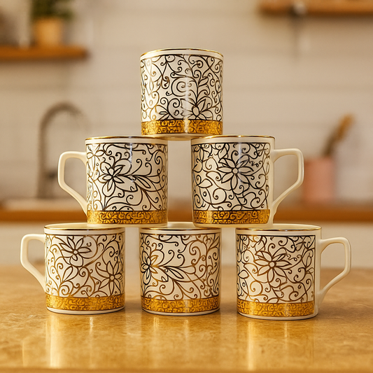 Luxury Floral Scroll Ceramic Mug Set – Set of 6 (Gold & Ivory)