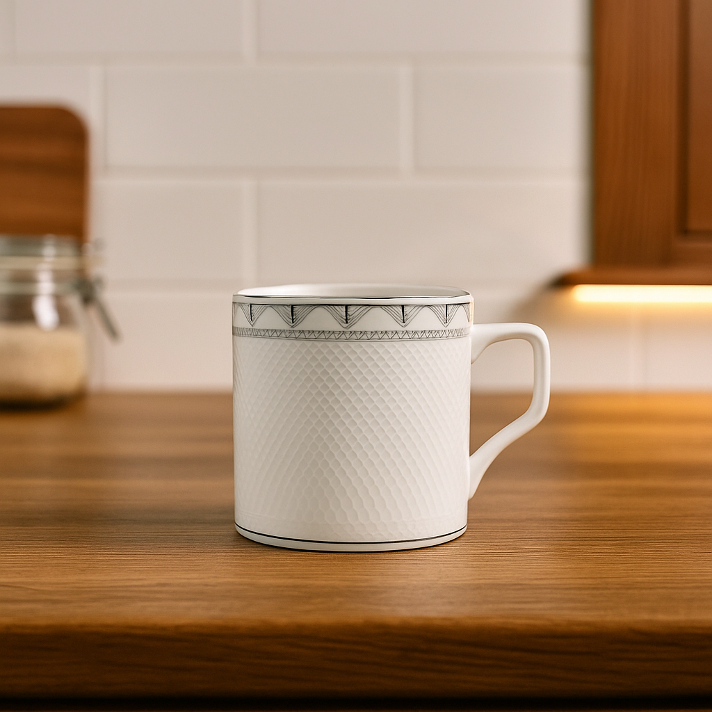 Minimalist Ivory Ceramic Mugs with Geometric Trim – Set of 6
