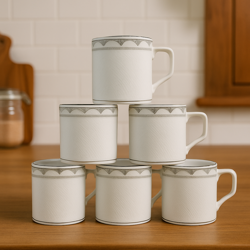 Minimalist Ivory Ceramic Mugs with Geometric Trim – Set of 6