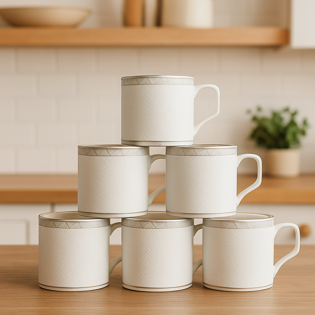 Minimalist Ivory Ceramic Mugs with Geometric Trim – Set of 6