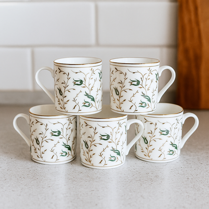 Vintage Green Leaf Ceramic Mugs – Set of 6 (White & Gold Accents)