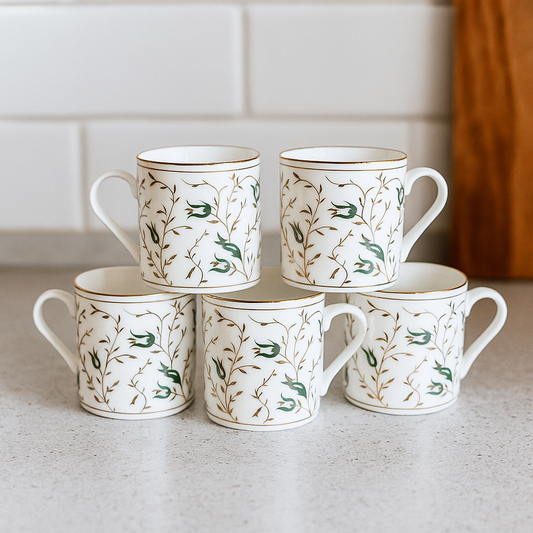Vintage Green Leaf Ceramic Mugs – Set of 6 (White & Gold Accents)