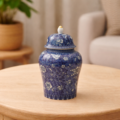 Elegant Blue Floral Ceramic Ginger Jar